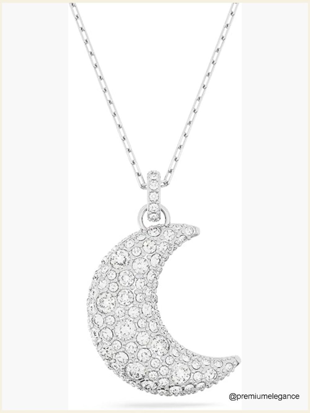 Crescent Moon Pendant Necklace with Cubic Zirconia Crystals Rhodium Finish